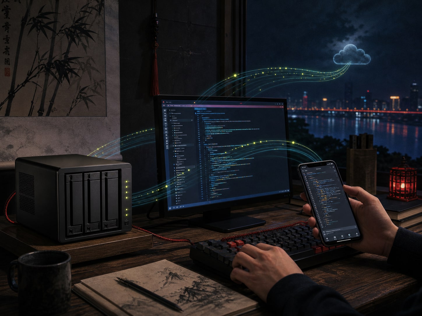 家用 NAS、Ubuntu 终端与手机远程开发构成的原创科技画面