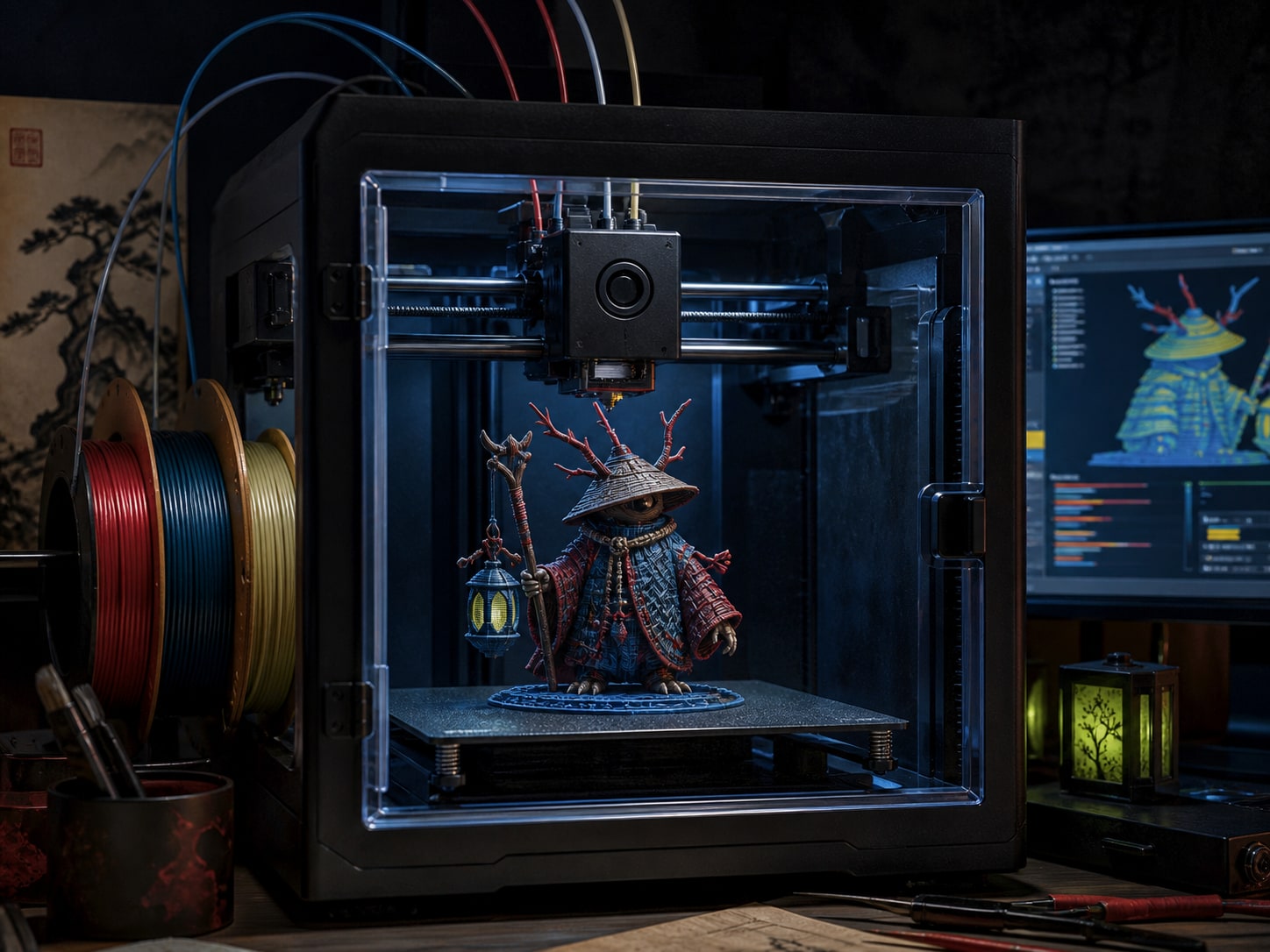 桌面多色 3D 打印机制作原创摆件的画面