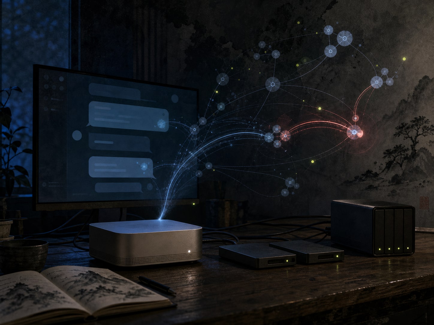 夜晚桌面上表现 AI 对话智能体记忆与备份的原创概念画面